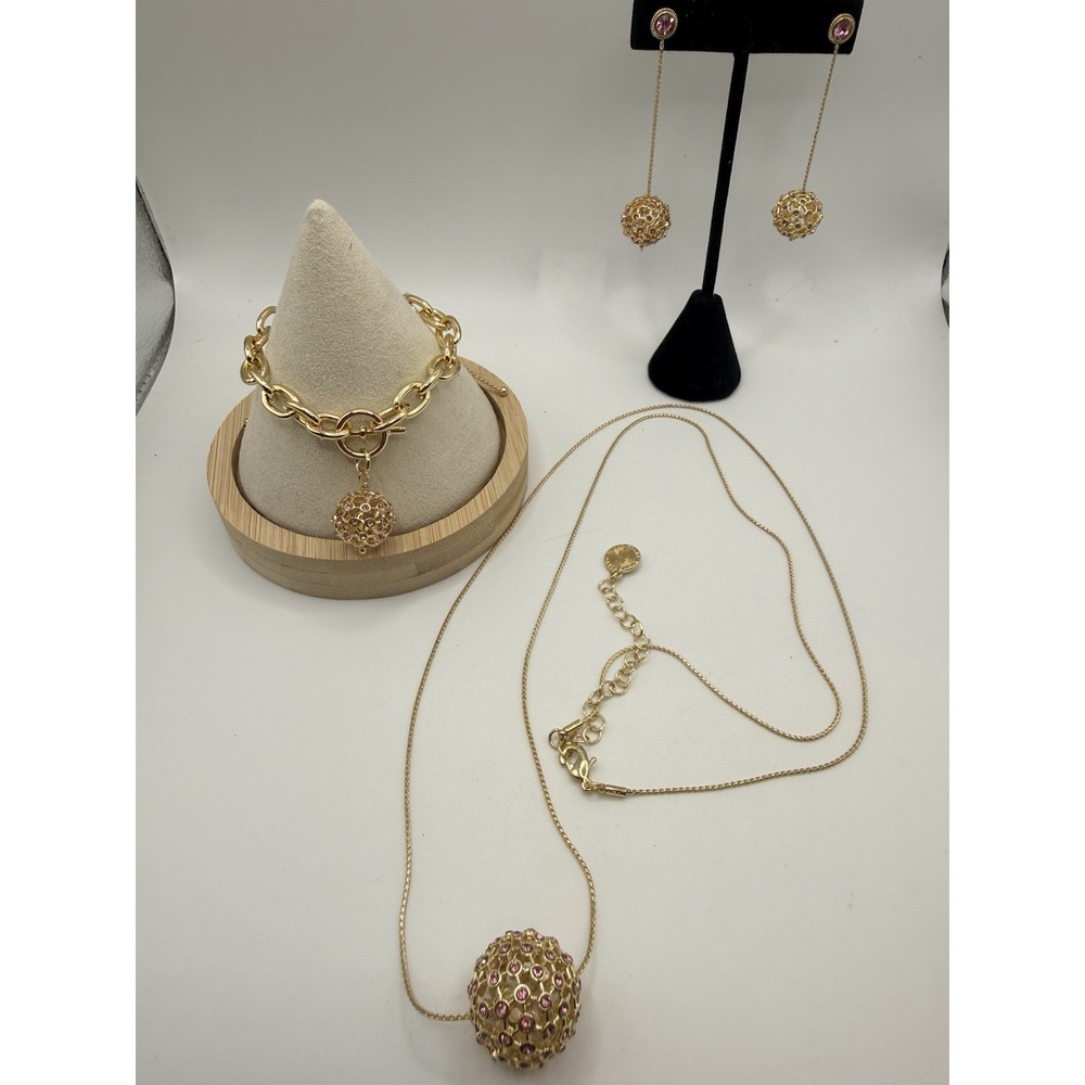 RJ Graziano Jewelry Set Necklace Bracelet Earrings Gold Tone Rhinestone Balls